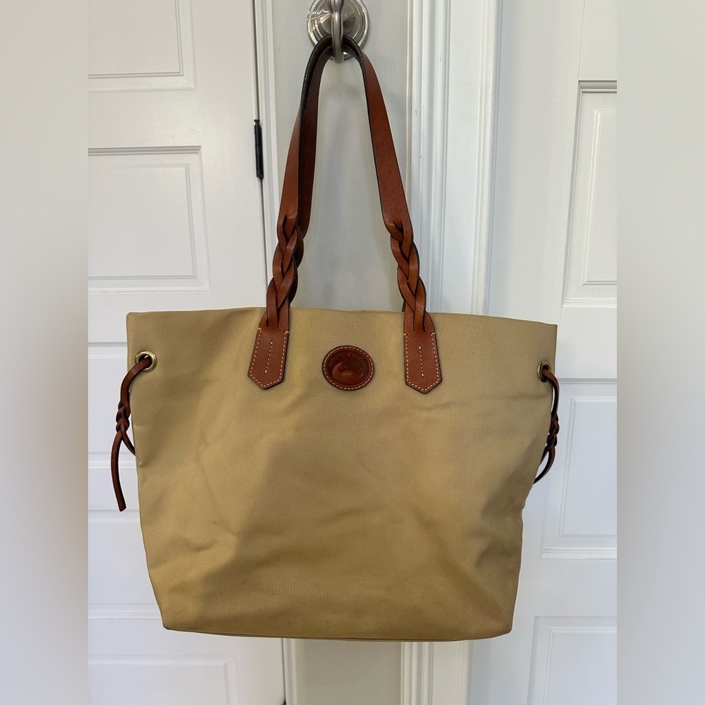Vintage Dooney & Bourke Large Shopper Tote Bag Purse Tan Canvas Brown Leather